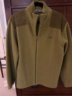 Helly Hansen Olive Green Men's Full-Zip Fleece Jacket with Suede Shoulder Panels